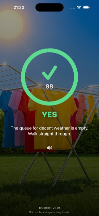 The app on a sunny day: green YES verdict, score 98 out of 100, above one line of commentary.