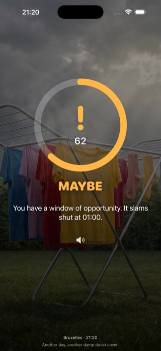 Amber MAYBE verdict, score 62, with the time the dry window closes.
