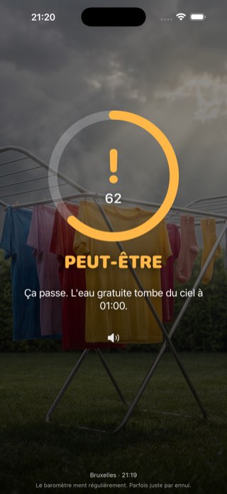 Verdict PEUT-ÊTRE en orange, score 62, avec l'heure à laquelle la fenêtre sèche se referme.