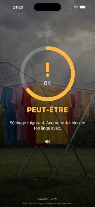Verdict PEUT-ÊTRE en orange, score 64, sous un ciel d'orage.