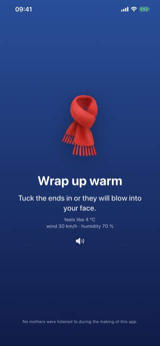 Blue screen, a red scarf, the verdict Wrap up warm, feels like 4 degrees with a 30 kilometre wind.