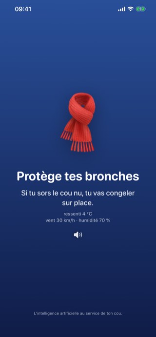 Écran bleu, une écharpe rouge, le verdict Protège tes bronches, ressenti 4 degrés avec 30 kilomètres-heure de vent.